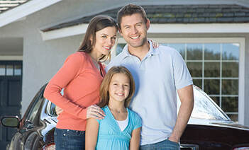 Family of three standing outside their house beside their car -Free Insurance Quotes